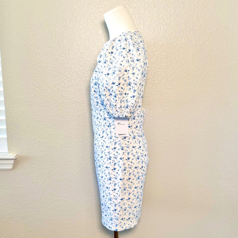 NWT Forever 21 Mini Dress Blue White Floral Puff Sleeve Open Back Cottagecore M - Picture 5 of 13